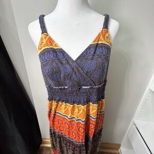 TOMMY HILFIGER Women's Maxi Dress Orange Red Brown Print Boho Sz M B1‎